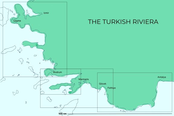 Turkey Yacht Charter Map with Coastal Areas along the Turkish Riviera