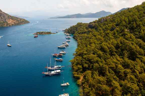 Gocek, Fethiye Muğla, Turkey A sailing yacht in Gocek, on Turkey's Aegean coast. Gocek is known for its pristine turquoise waters, remote beaches and historical ruins