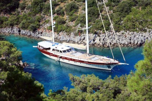 Turkish gulet ZELDA moored in the narrow inlet of Serçe Bay on the southwest coast