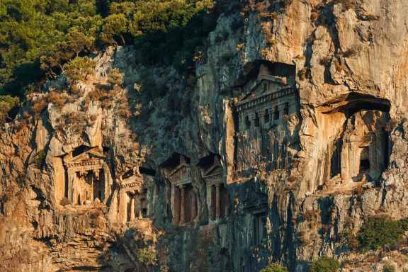 Ancient Lycian tombs carved into the cliffs above the Dalyan River