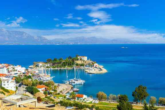 Colorful waterfront and yachts at Datça Harbour along the Aegean coastline